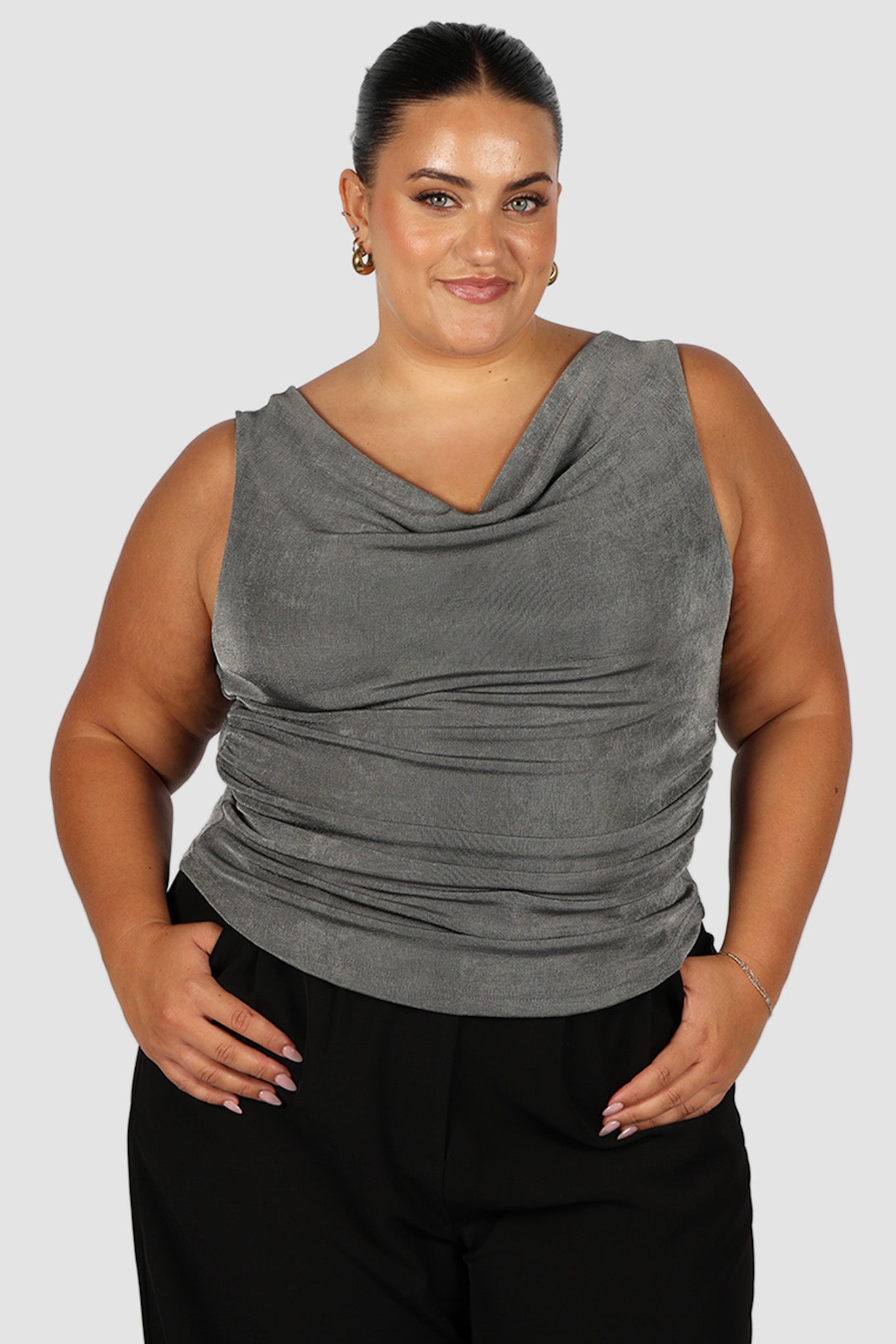 IVES COWL NECK TOP GUNMETAL