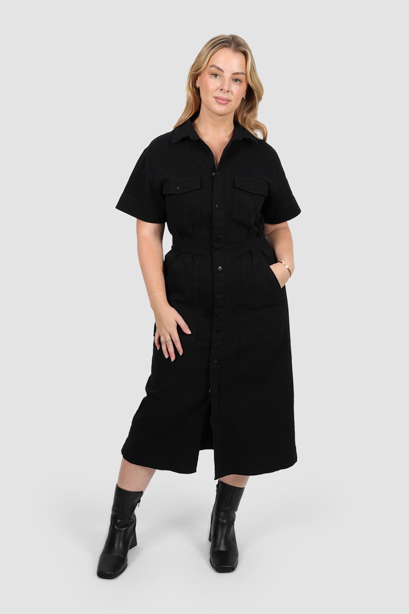 SAVEIRA DENIM MIDI DRESS BLACKOUT