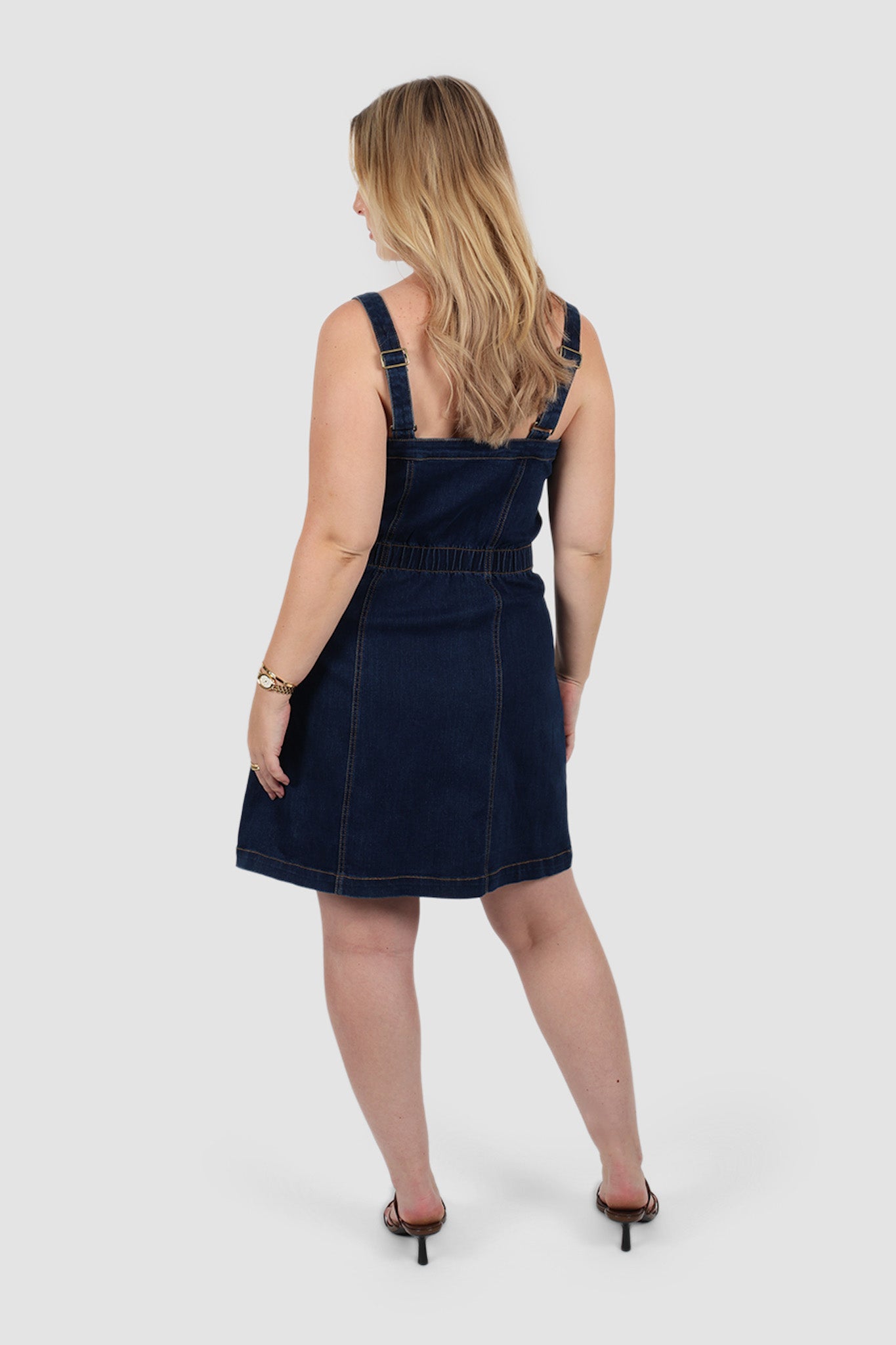 Back view of Rayla Denim Dress – inclusive size model