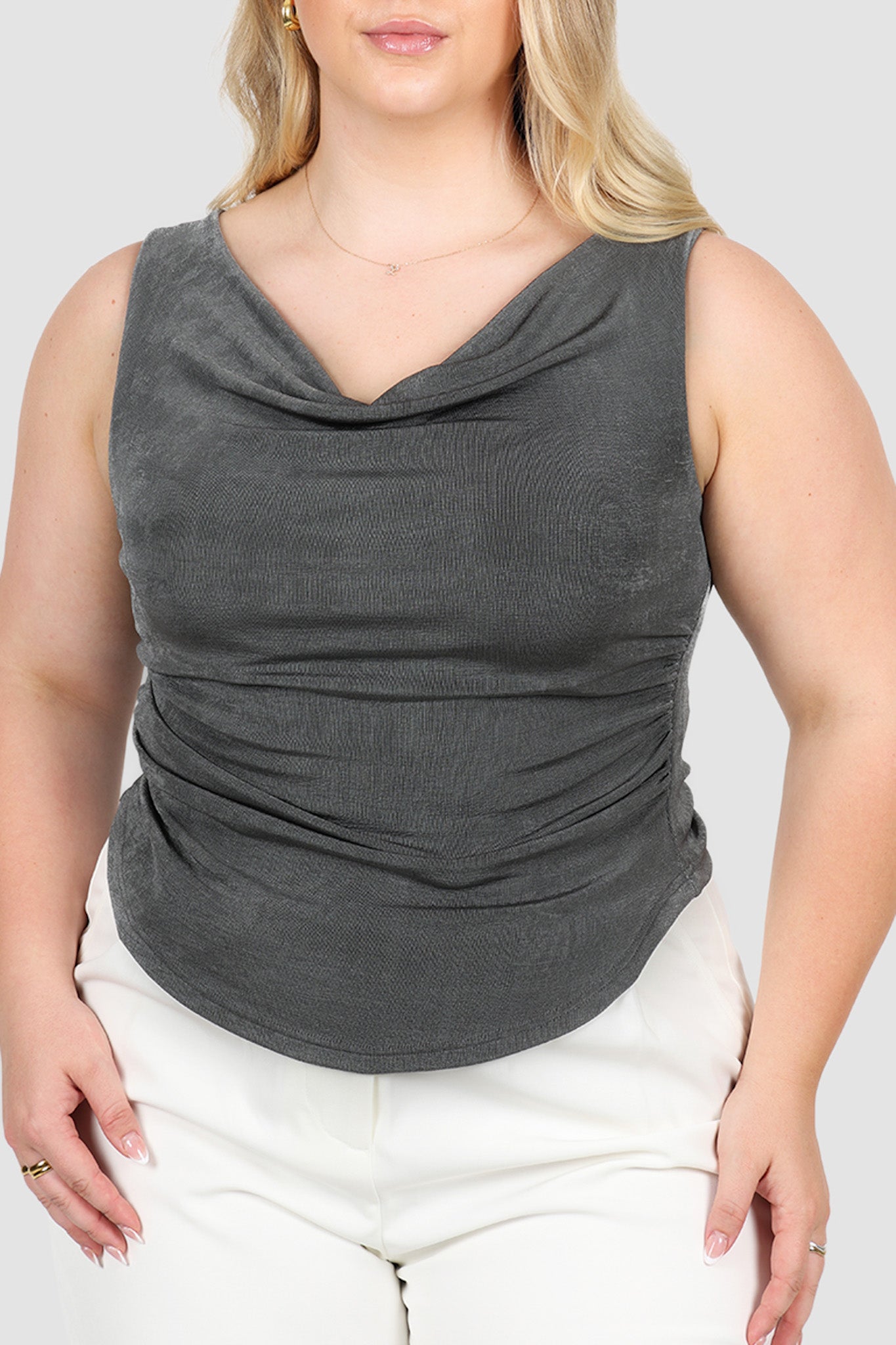 IVES COWL NECK TOP GUNMETAL