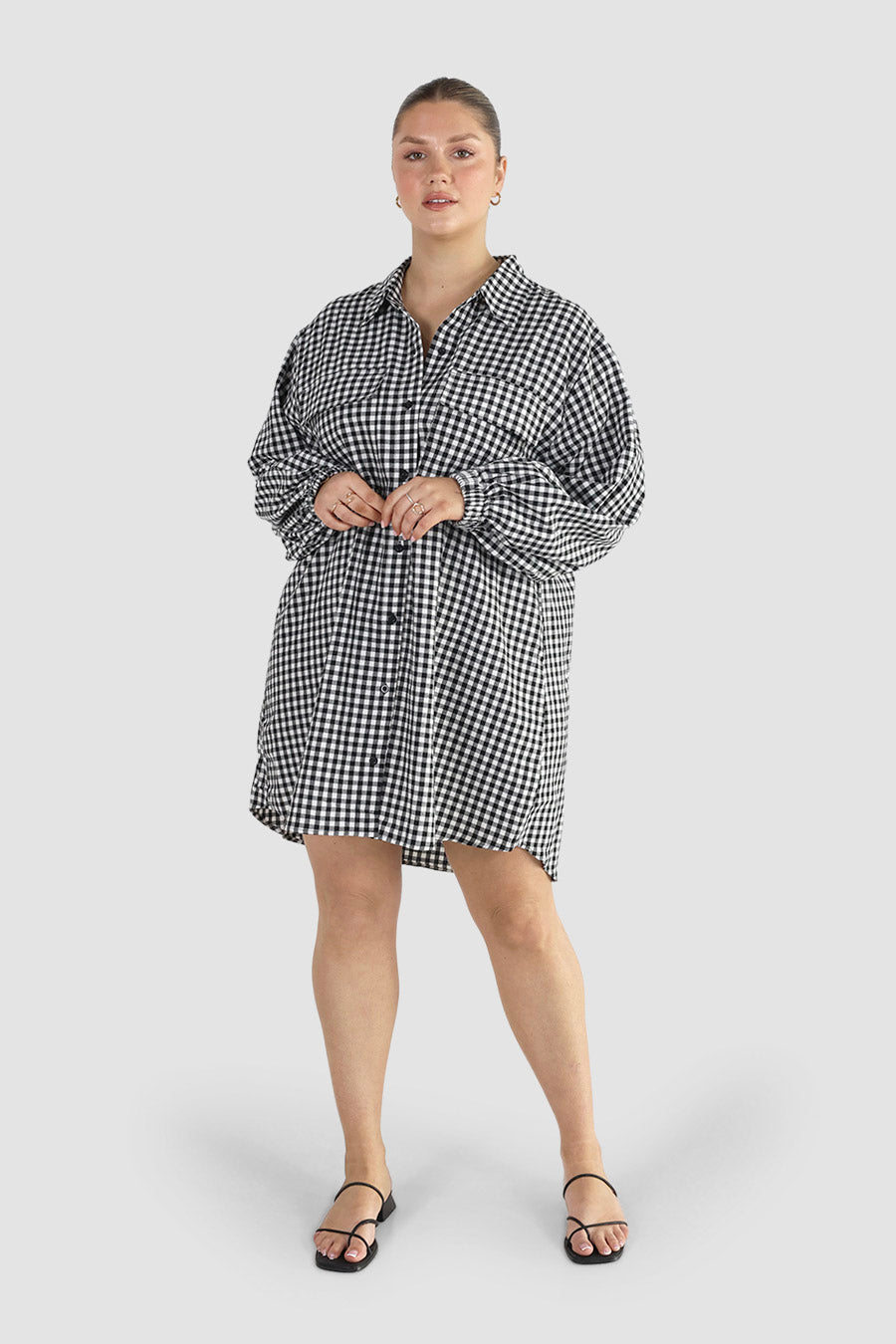 RORAN BUTTON DRESS B&W GINGHAM