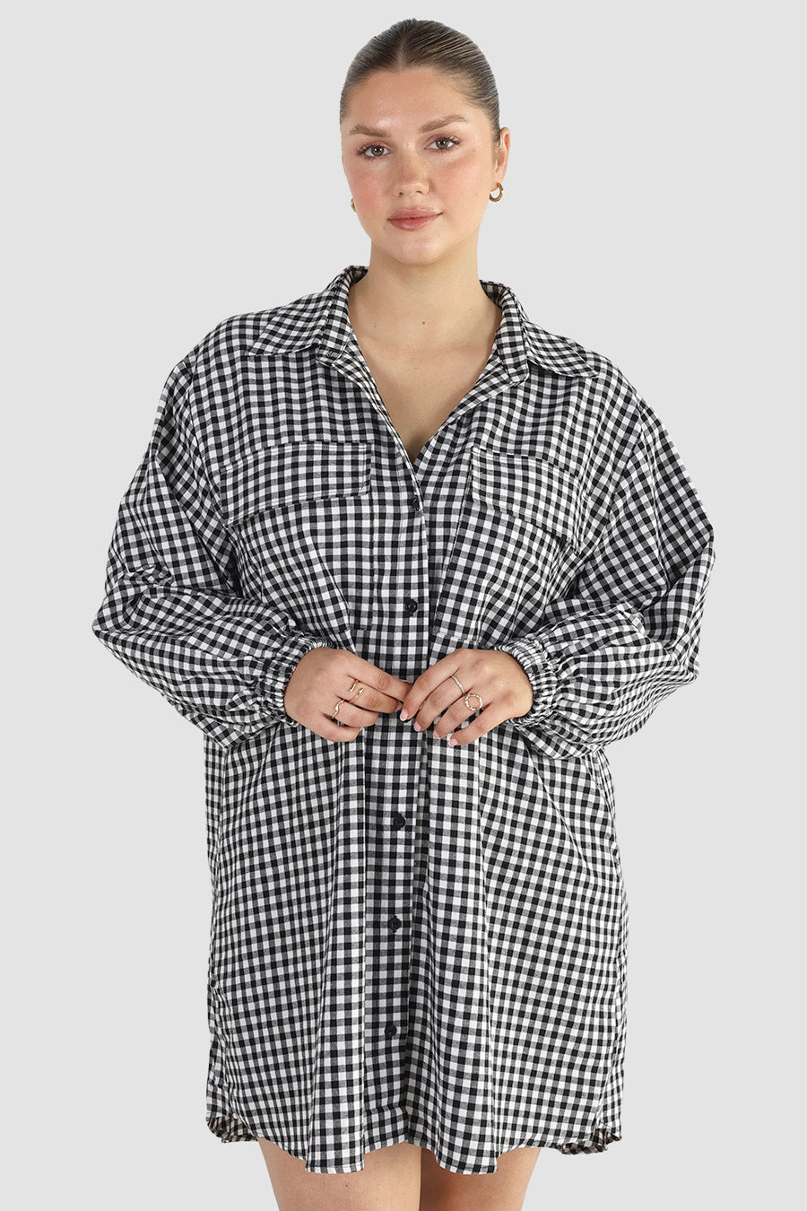 RORAN BUTTON DRESS B&W GINGHAM