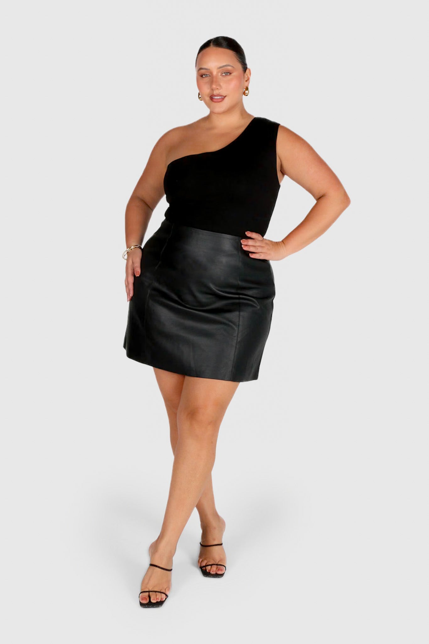 Plus size black leather on sale skirt