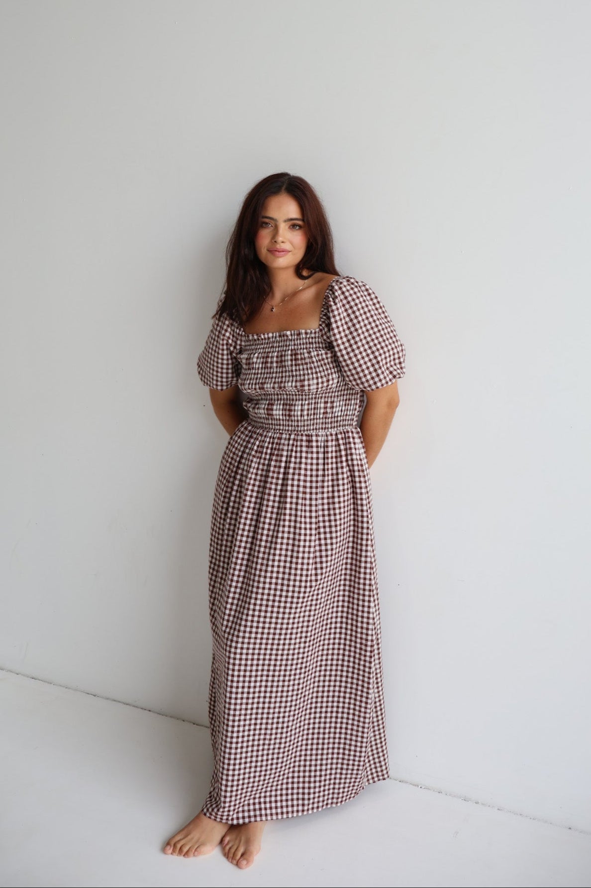 ISMAE MAXI DRESS CHOC GINGHAM  Fayt The Label