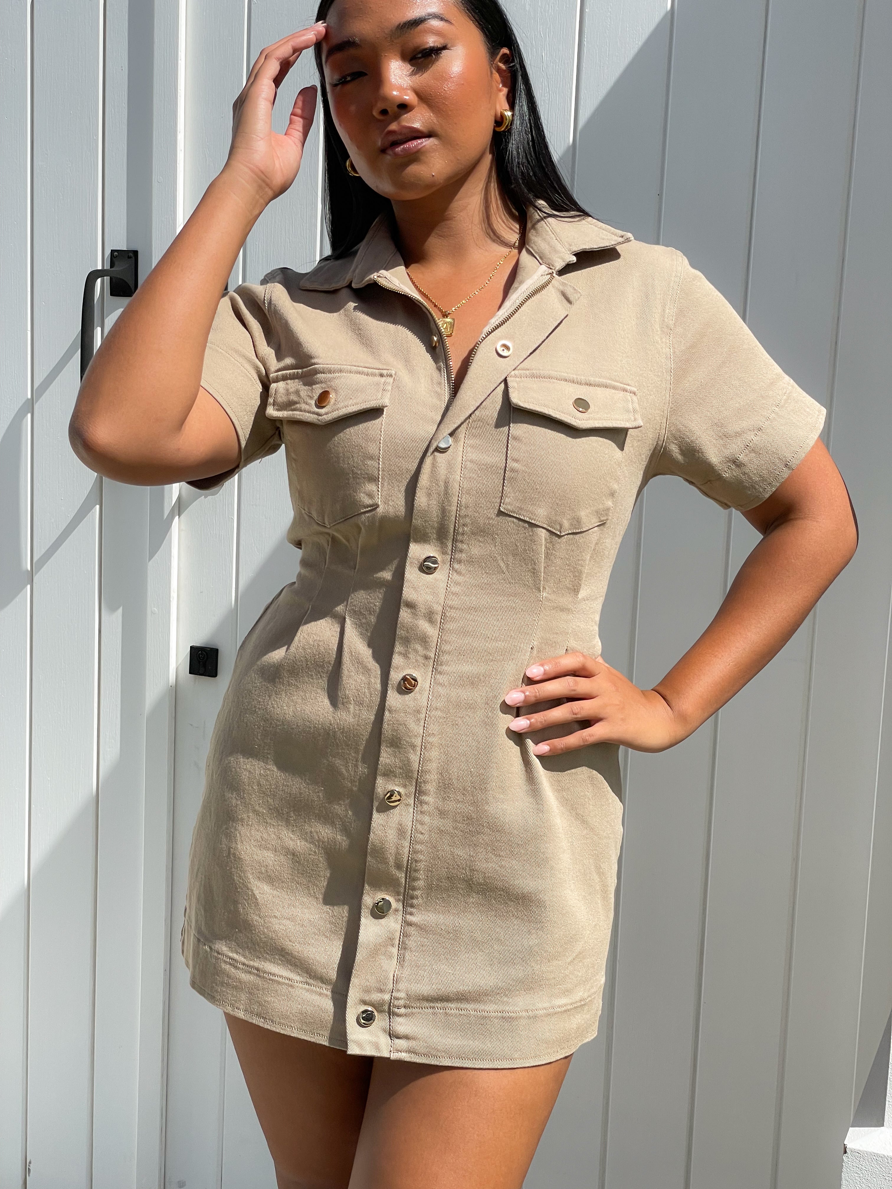 Khaki denim clearance shirt dress