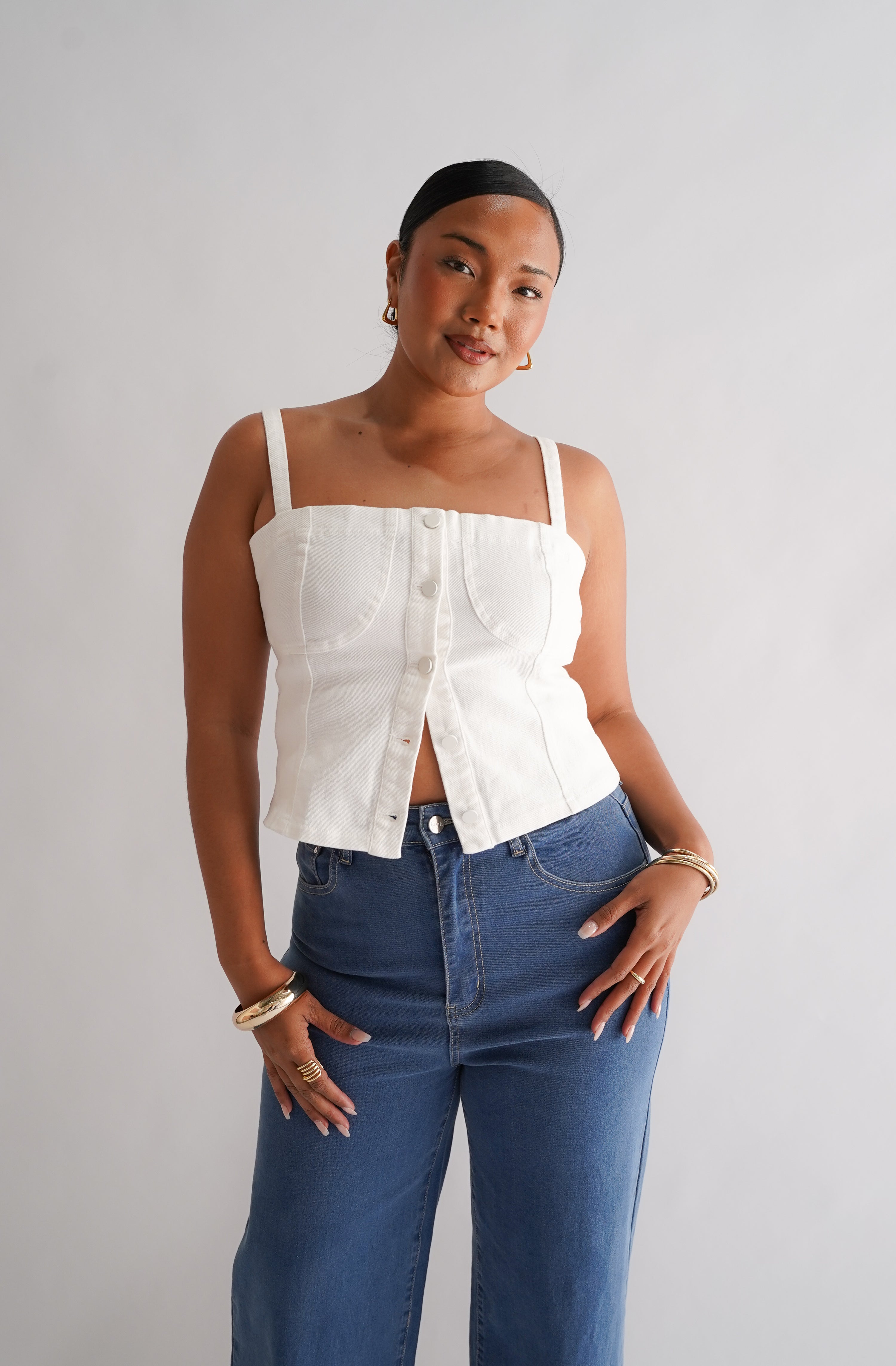 FB SALE - SIREN DENIM TOP WHITE SIZE 14 (D)