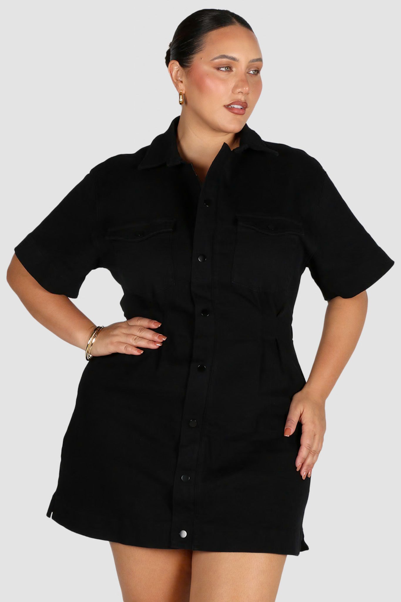 Black button outlet down denim dress