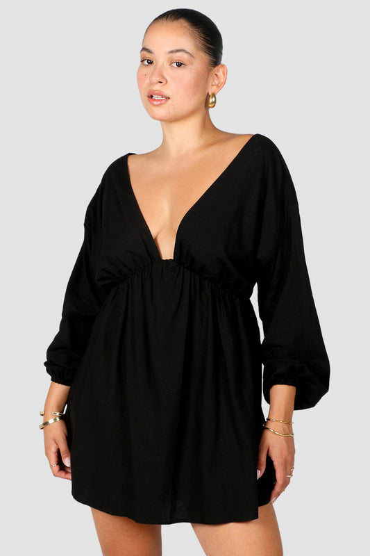 FREYA LINEN DRESS BLACK - Fayt The Label