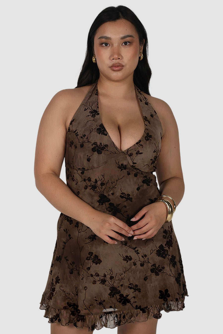 HAVANA HALTER DRESS SEPIA PETAL - Fayt The Label