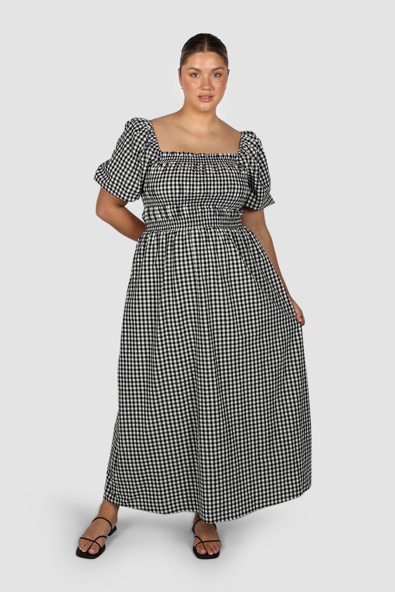 ISMAE MAXI DRESS B&W GINGHAM - Fayt The Label