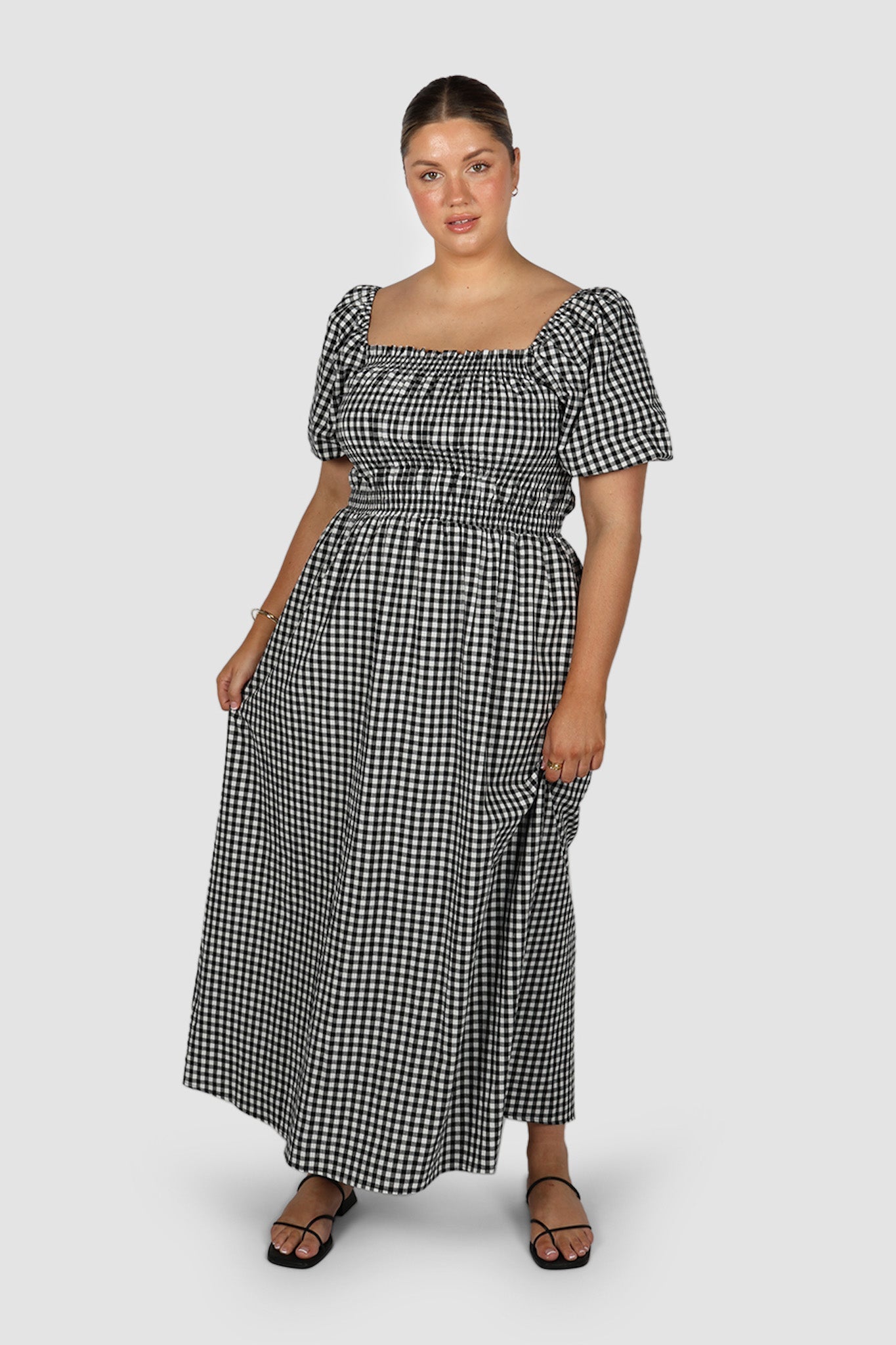 ISMAE MAXI DRESS B&W GINGHAM - Fayt The Label
