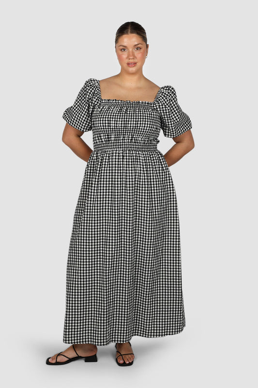 ISMAE MAXI DRESS B&W GINGHAM - Fayt The Label