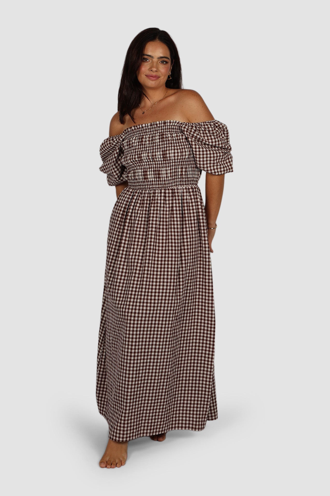 ISMAE MAXI DRESS CHOC GINGHAM - Fayt The Label