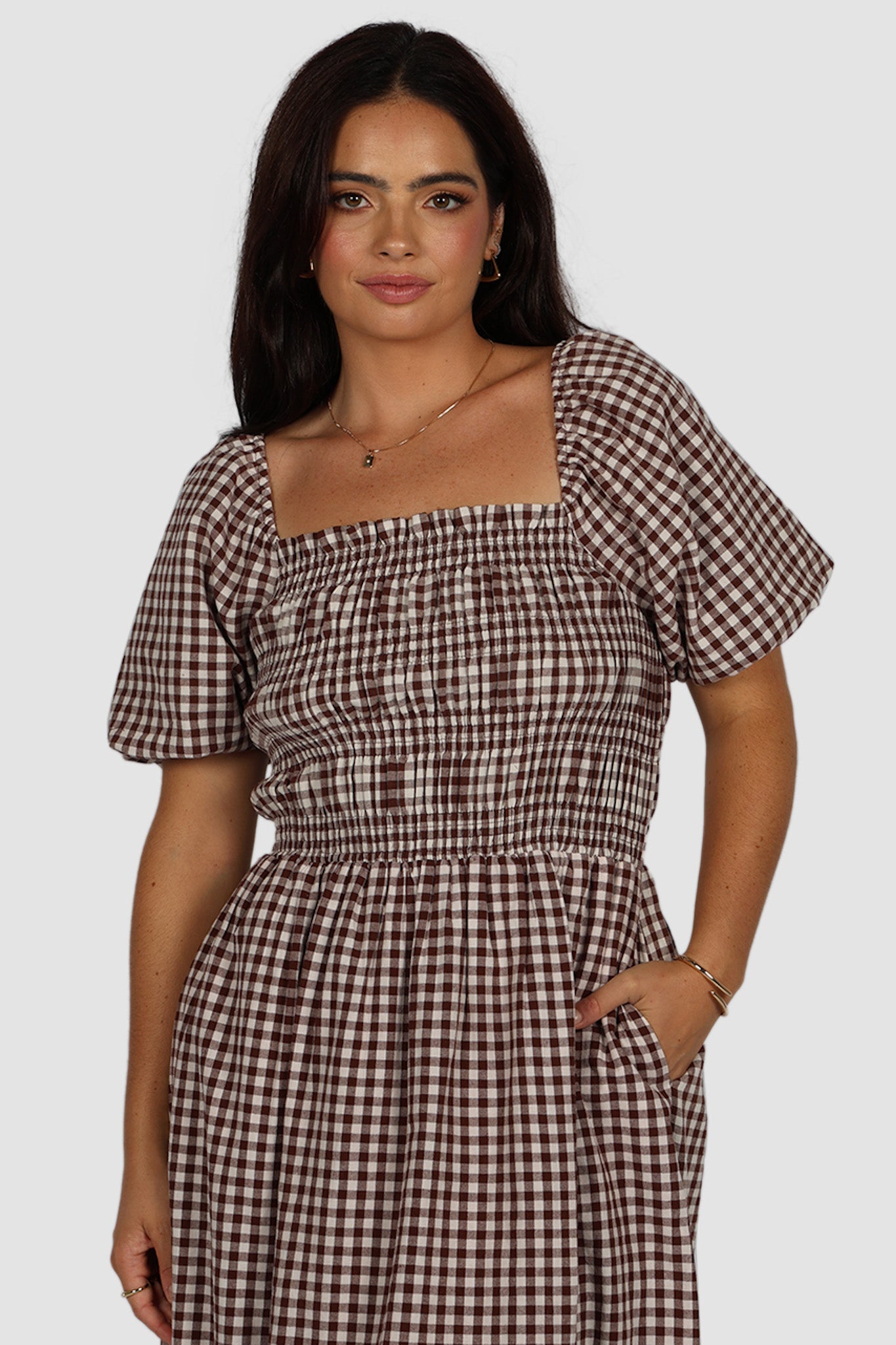 ISMAE MAXI DRESS CHOC GINGHAM - Fayt The Label