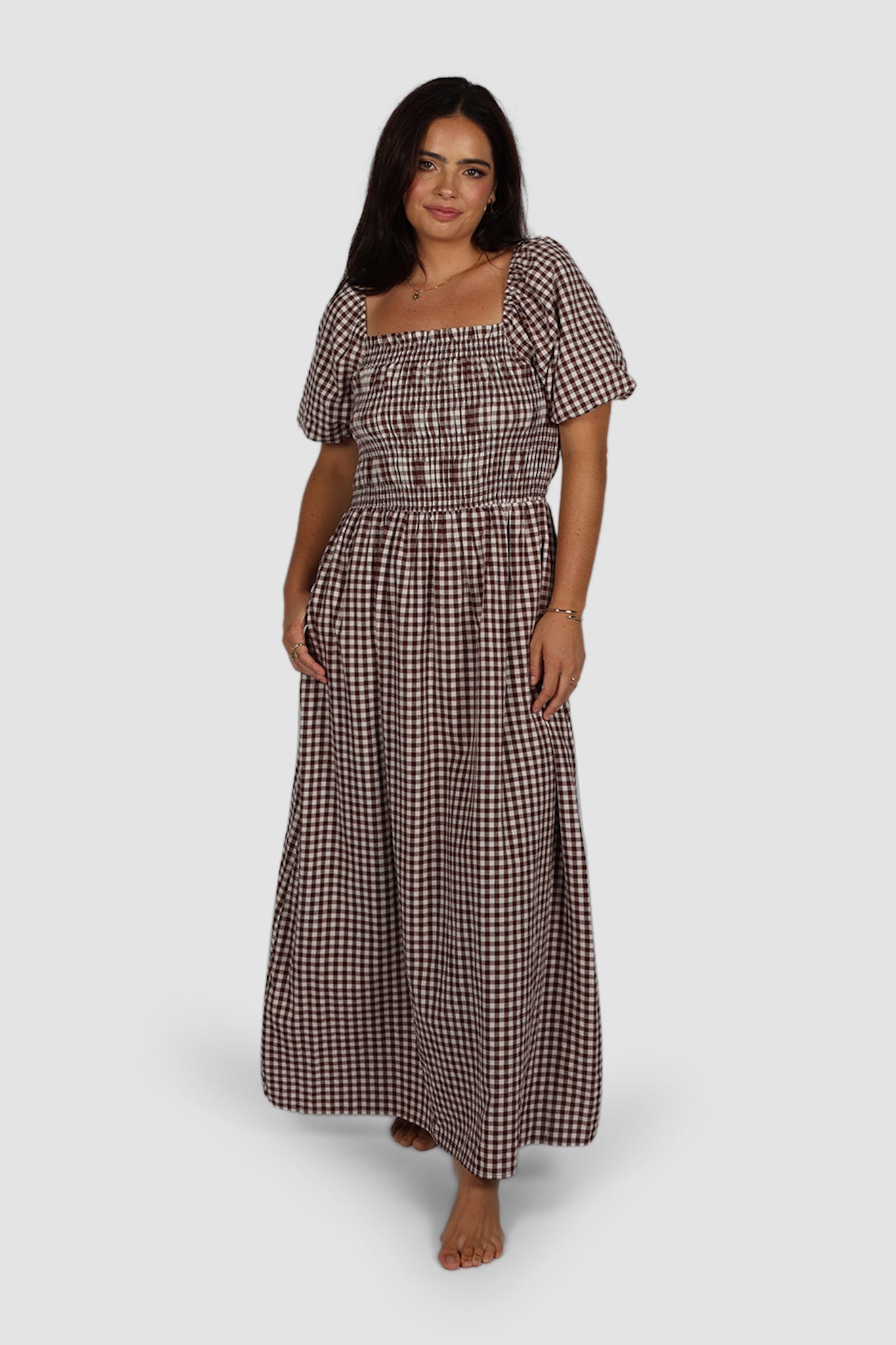 ISMAE MAXI DRESS CHOC GINGHAM - Fayt The Label