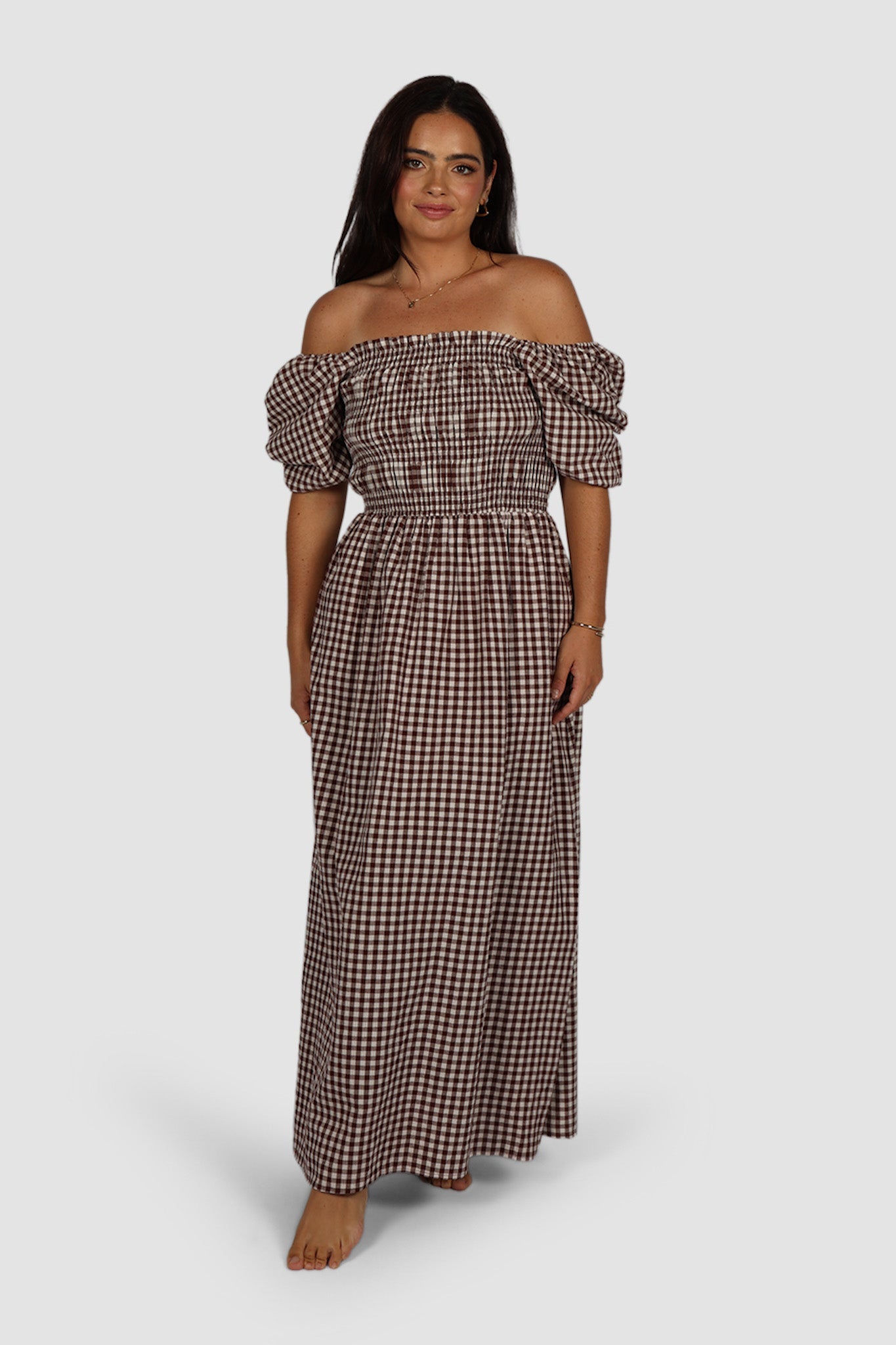 ISMAE MAXI DRESS CHOC GINGHAM - Fayt The Label