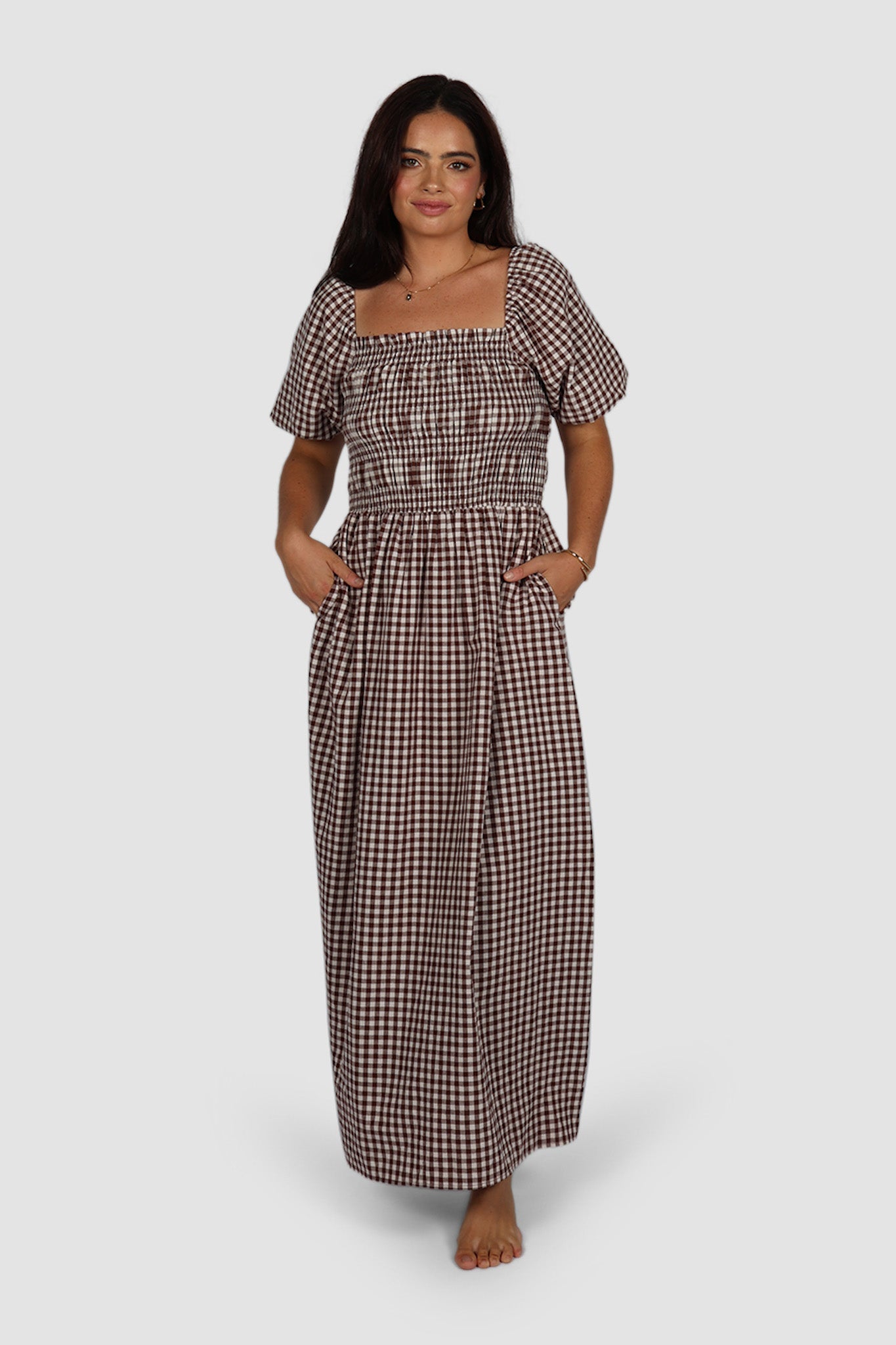 ISMAE MAXI DRESS CHOC GINGHAM - Fayt The Label