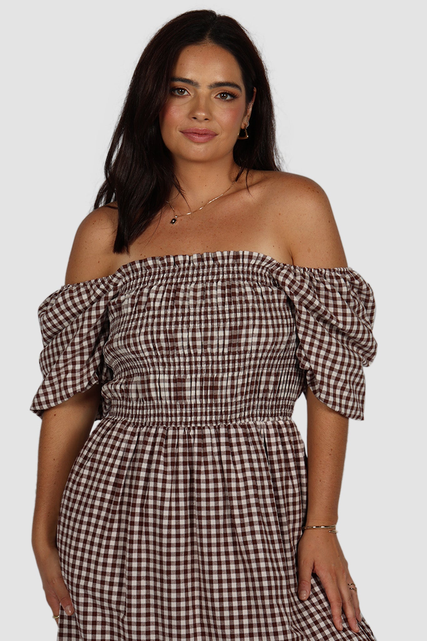 ISMAE MAXI DRESS CHOC GINGHAM - Fayt The Label