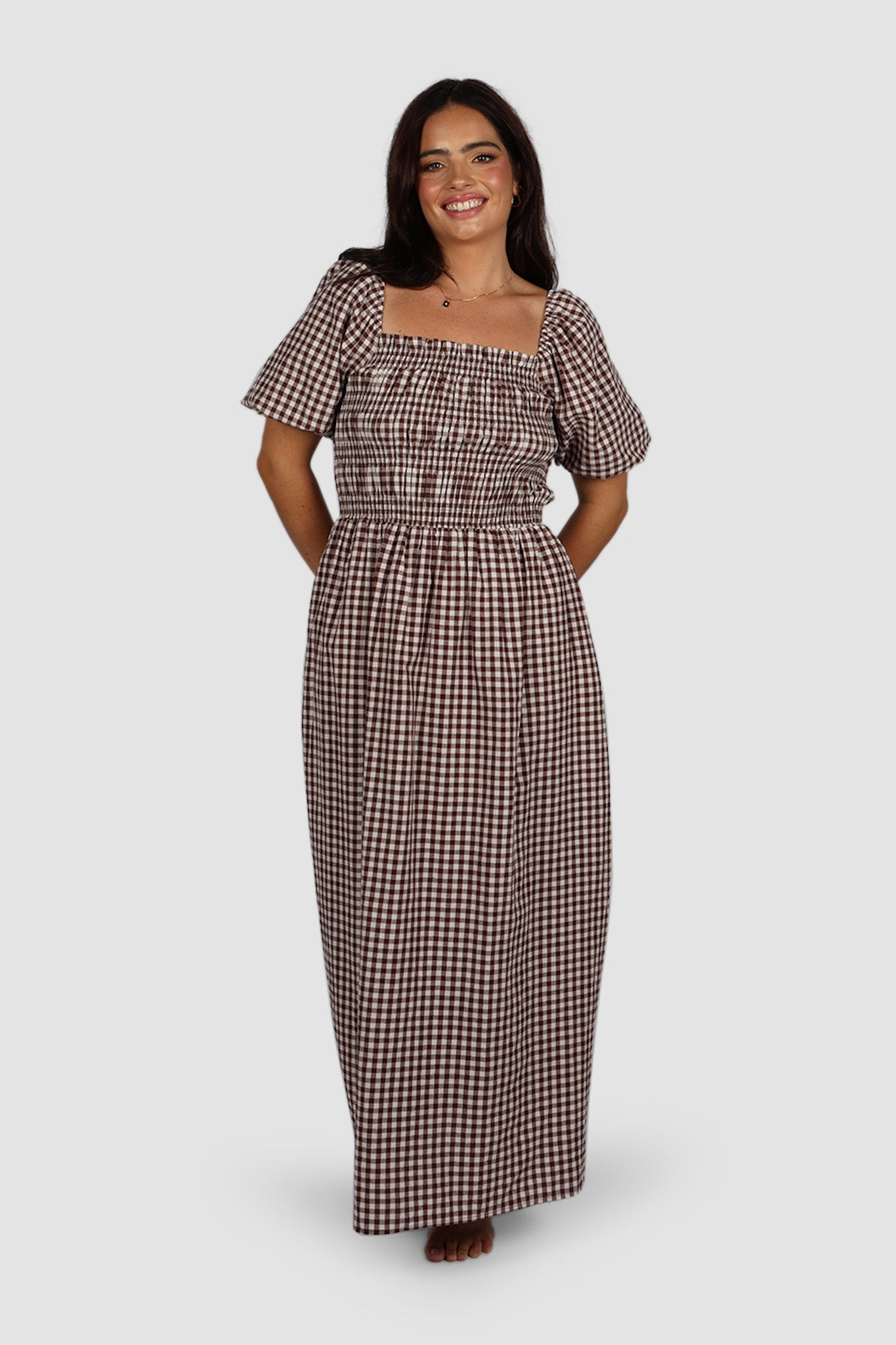 ISMAE MAXI DRESS CHOC GINGHAM - Fayt The Label
