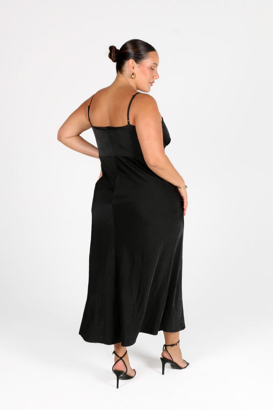 MARGOT SILKY SLIP MIDI DRESS BLACK - Fayt The Label