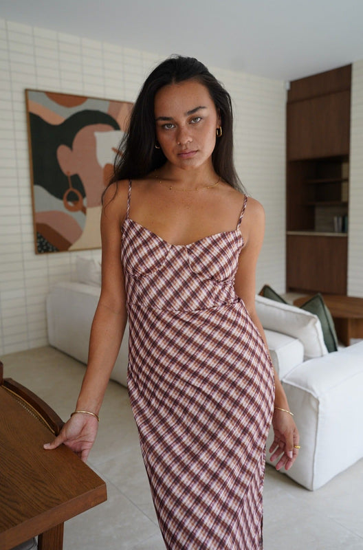 MARGOT SLIP MIDI DRESS BROWN CHECK - Fayt The Label