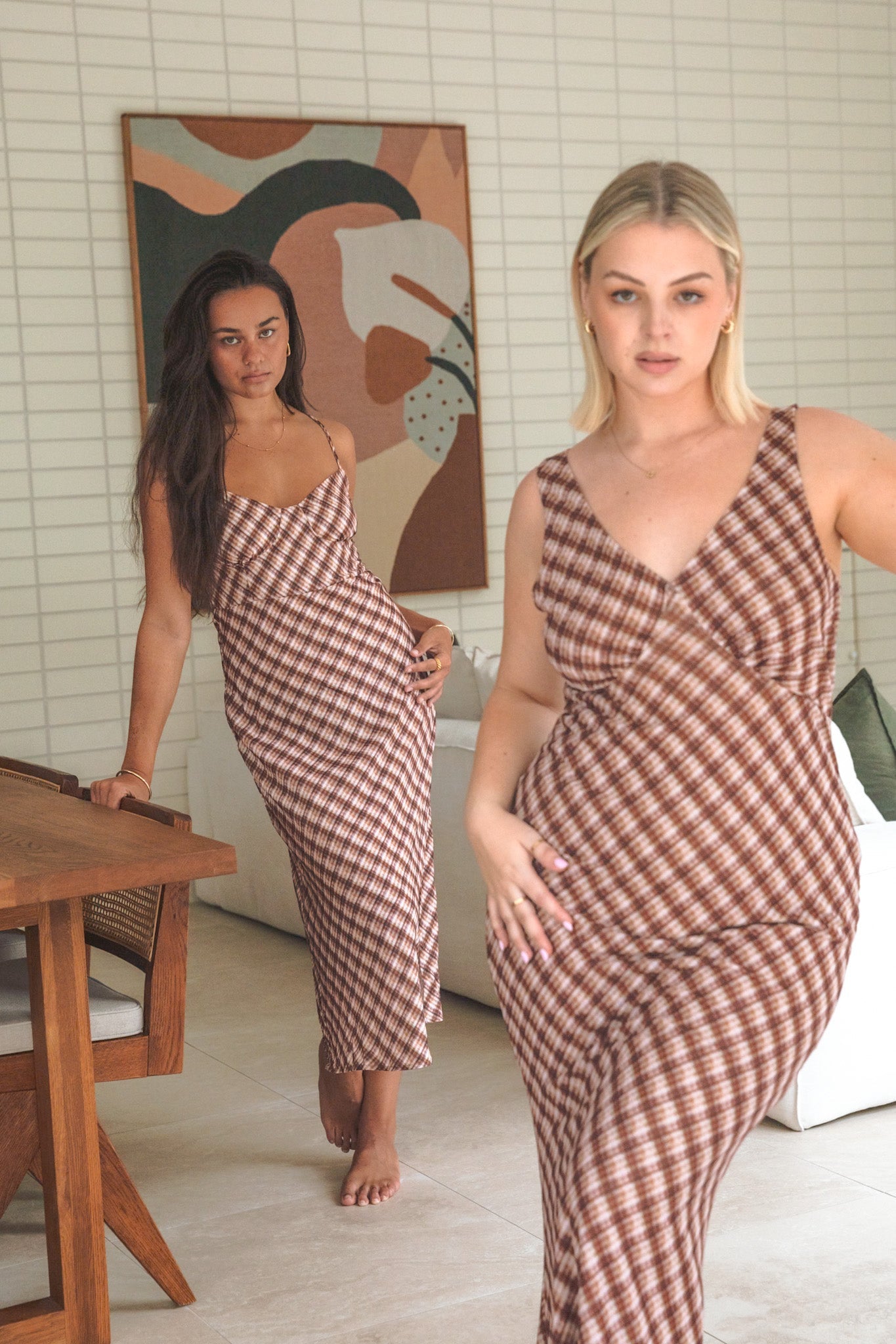 MARGOT SLIP MIDI DRESS BROWN CHECK - Fayt The Label