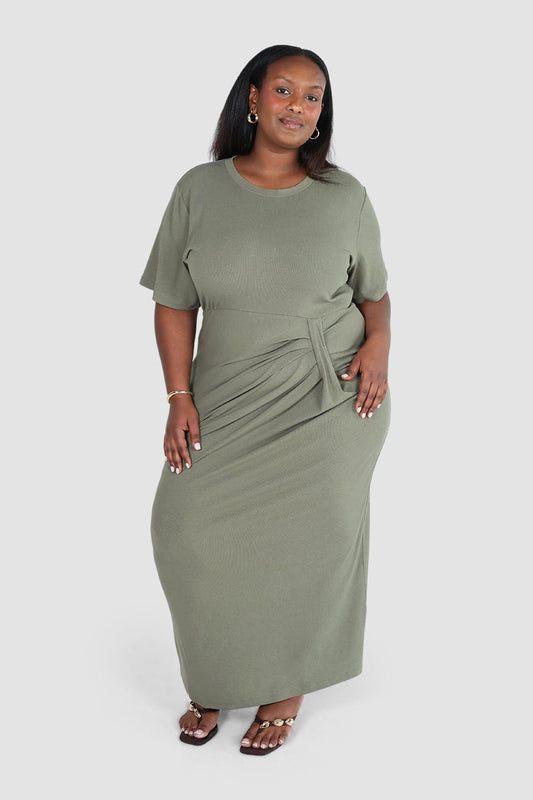 MARNIE RIB DRESS KHAKI - Fayt The Label