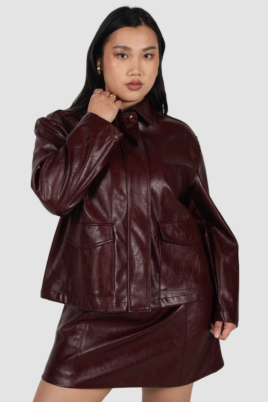 RAVEN PU LEATHER JACKET BURGUNDY - Fayt The Label