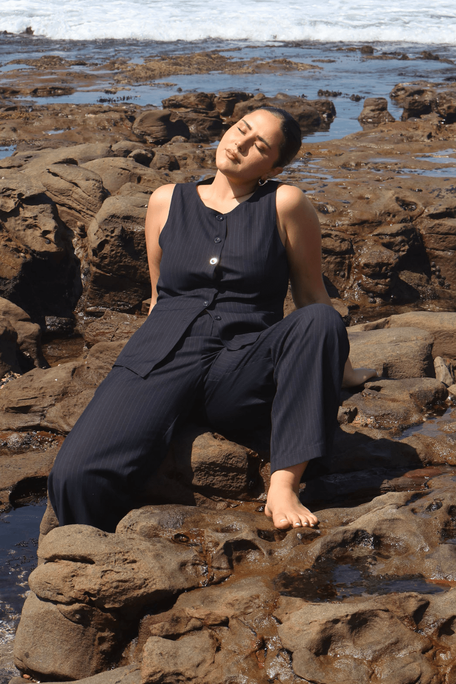 ROMIE VEST NAVY PINSTRIPE - Fayt The Label