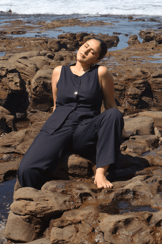ROMIE VEST NAVY PINSTRIPE - Fayt The Label