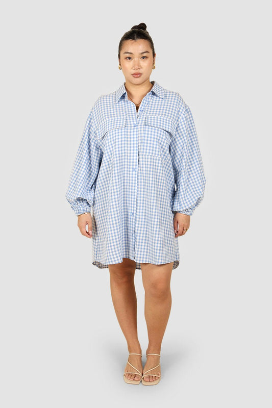 RORAN BUTTON DRESS BLUE GINGHAM - Fayt The Label