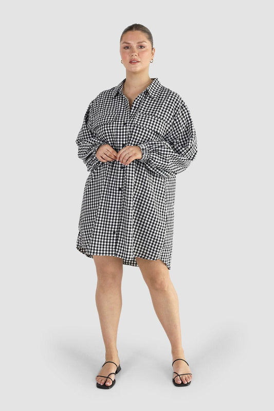 RORAN BUTTON DRESS B&W GINGHAM - Fayt The Label