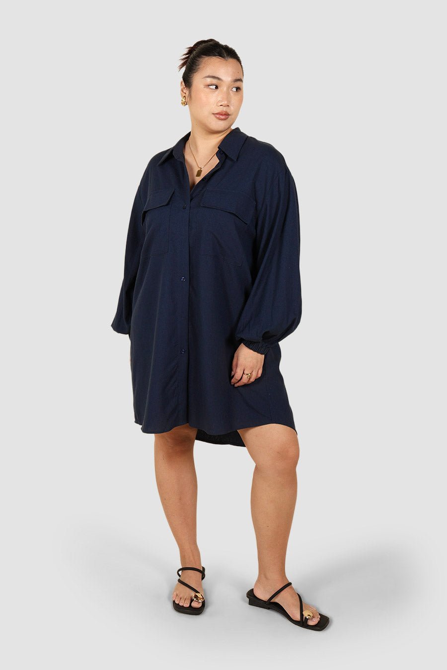RORAN BUTTON DRESS NAVY - Fayt The Label