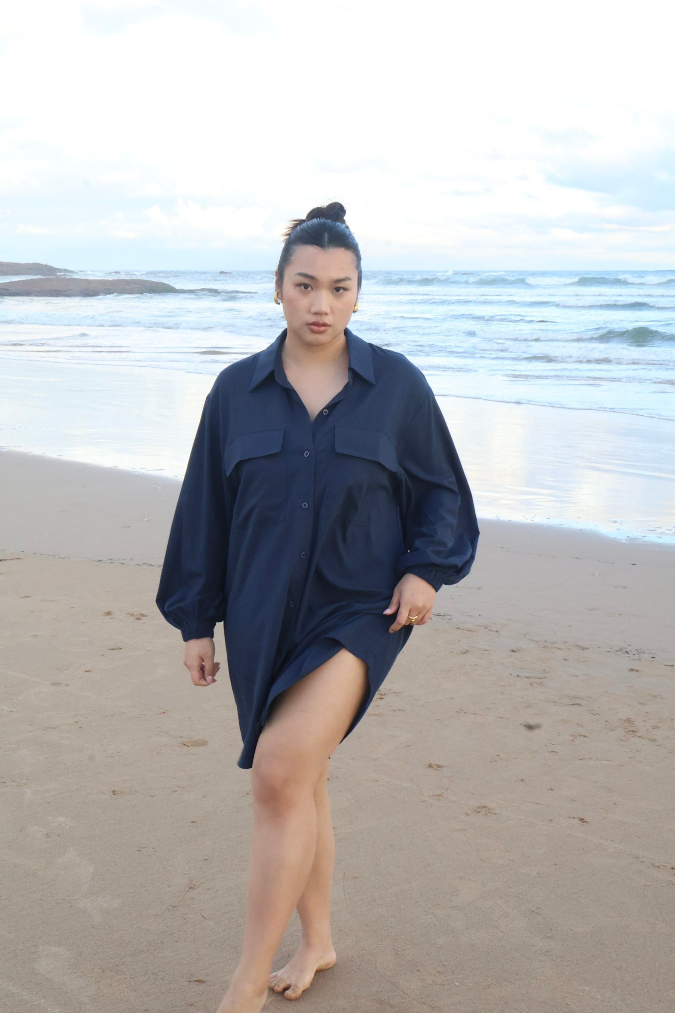 RORAN BUTTON DRESS NAVY - Fayt The Label