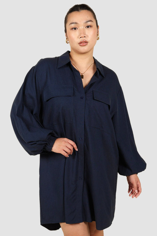 RORAN BUTTON DRESS NAVY - Fayt The Label