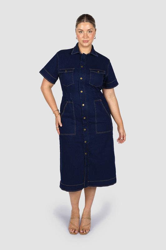SAVEIRA DENIM MIDI DRESS MIDNIGHT - Fayt The Label