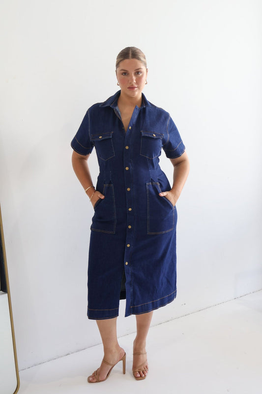 SAVEIRA DENIM MIDI DRESS MIDNIGHT - Fayt The Label