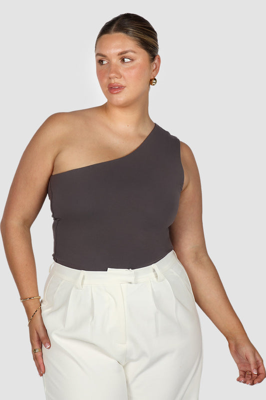 SULLIVAN ONE SHOULDER TOP CHARCOAL - Fayt The Label