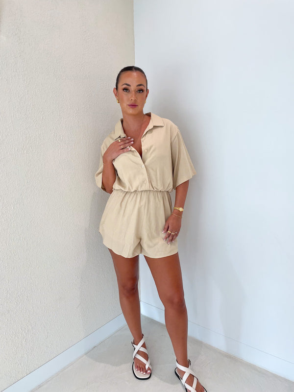 ZEPHYR LINEN PLAYSUIT NEUTRAL - Fayt The Label