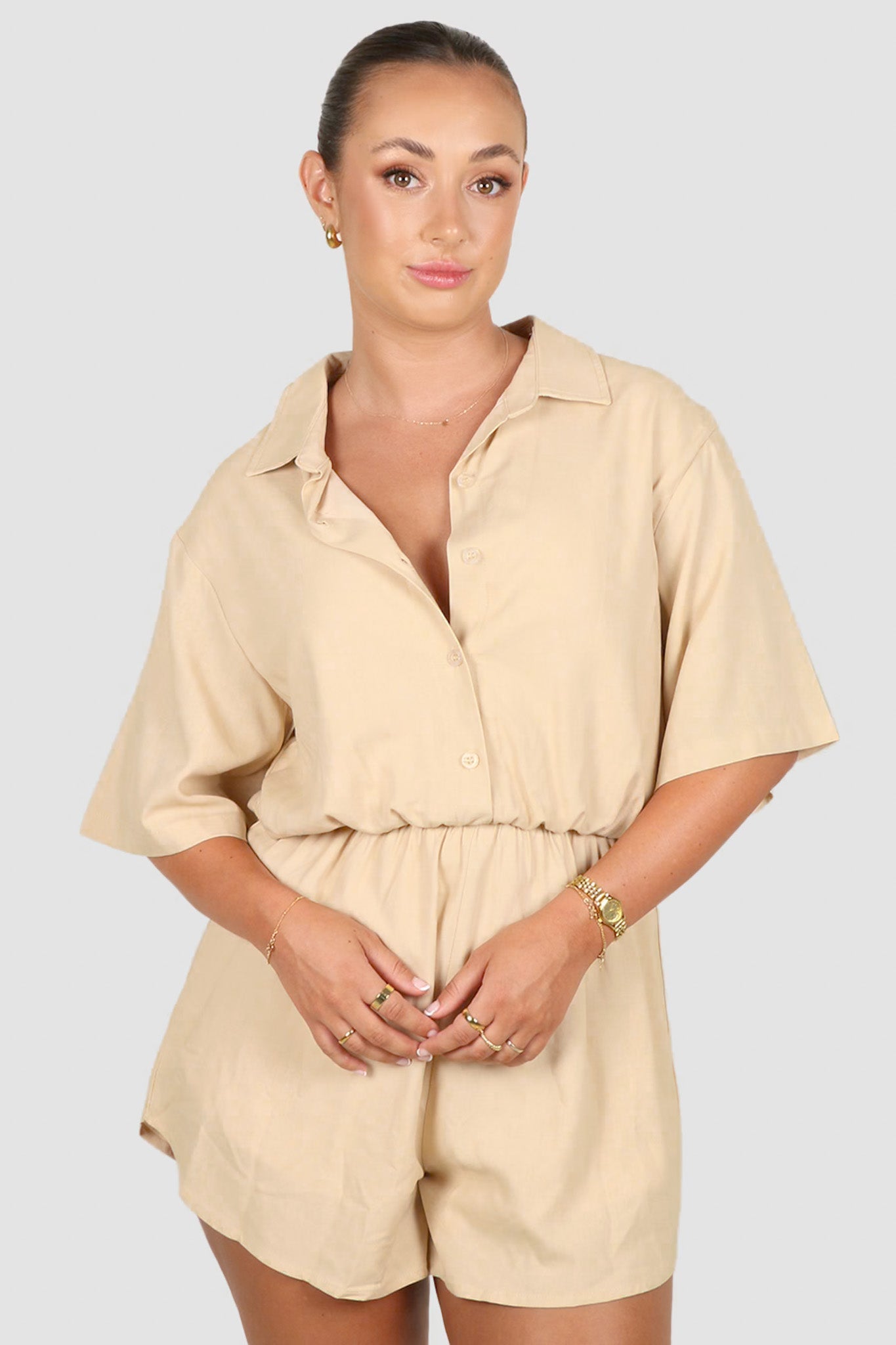 ZEPHYR LINEN PLAYSUIT NEUTRAL - Fayt The Label
